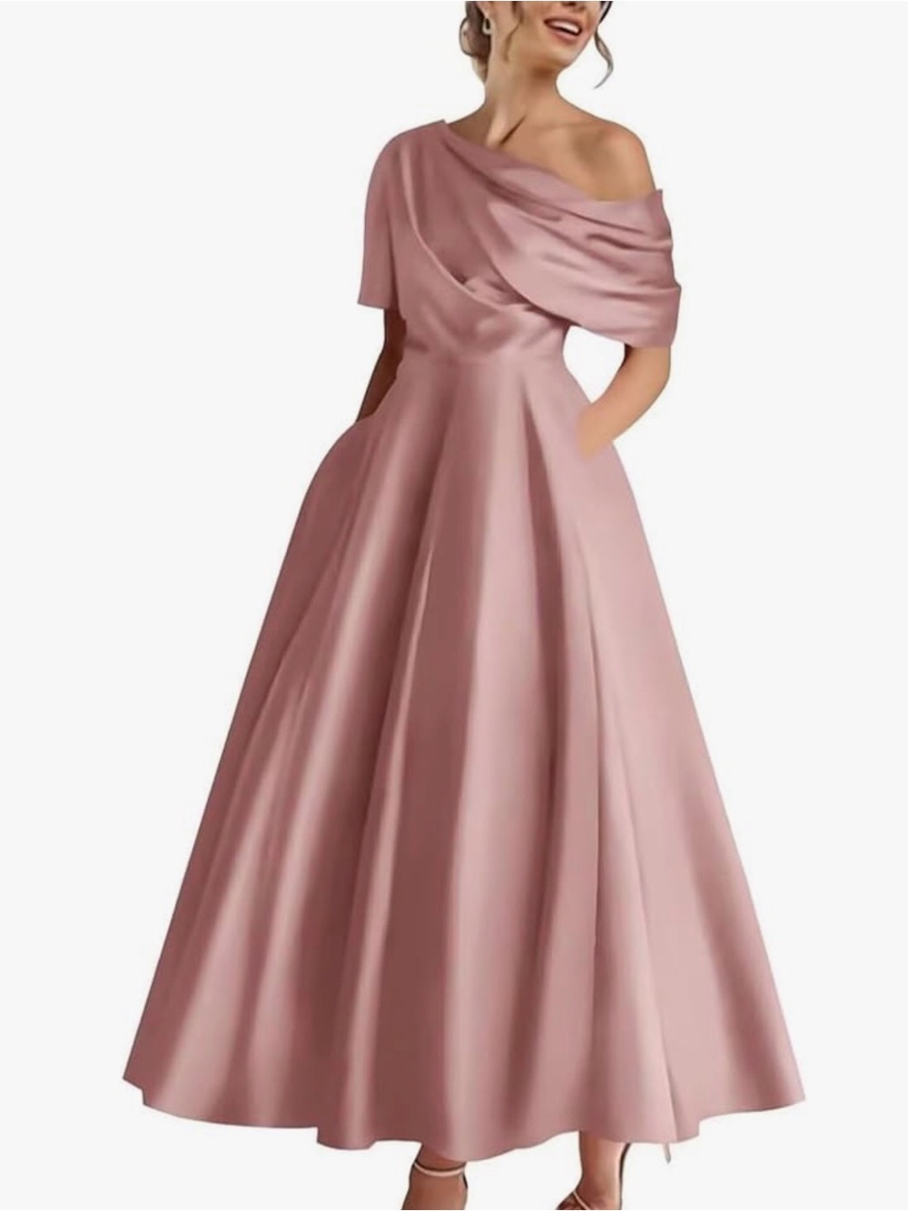 Off-Shoulder Dusty Rose Satin Dress